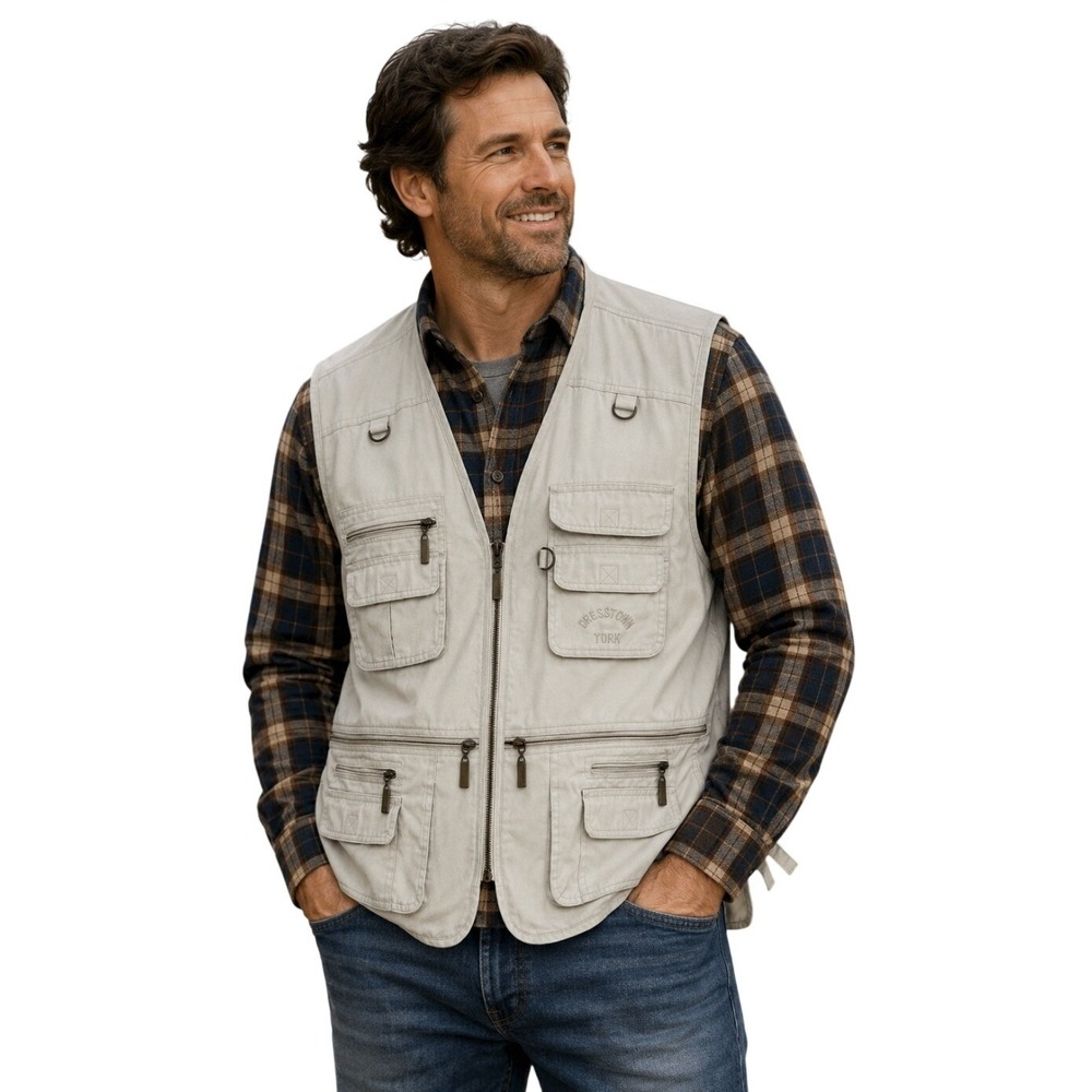 HERO Dresstown York Utility Vest Mens XXL Khaki Fishing Safari Multi Pockets Zip